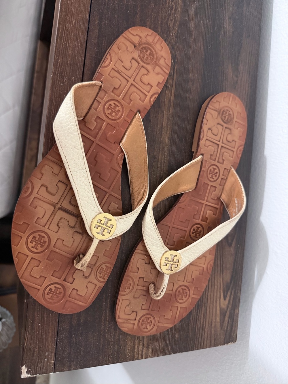 Tory Burch Beige Leather Logo Thong Sandals